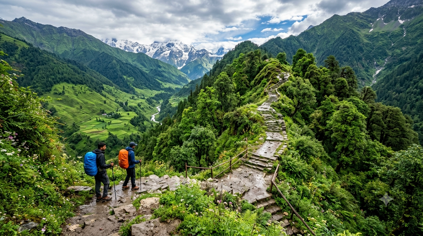 Madmaheshwar trek after monsoon with clear Chaukhamba mountain views